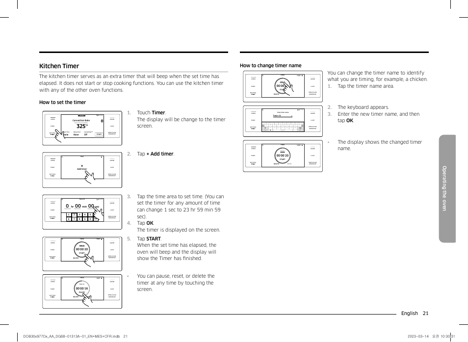 Kitchen timer, English 21 oper ating the o v en, Tap + add timer | The display shows the changed timer name | Dacor Transitional 30 Inch Double Electric Smart Wall Oven User Manual User Manual | Page 21 / 188