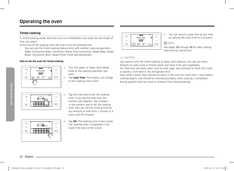 Timed cooking, Operating the oven, 22 english oper ating the o v en | Dacor Transitional 30 Inch Double Electric Smart Wall Oven User Manual User Manual | Page 22 / 188