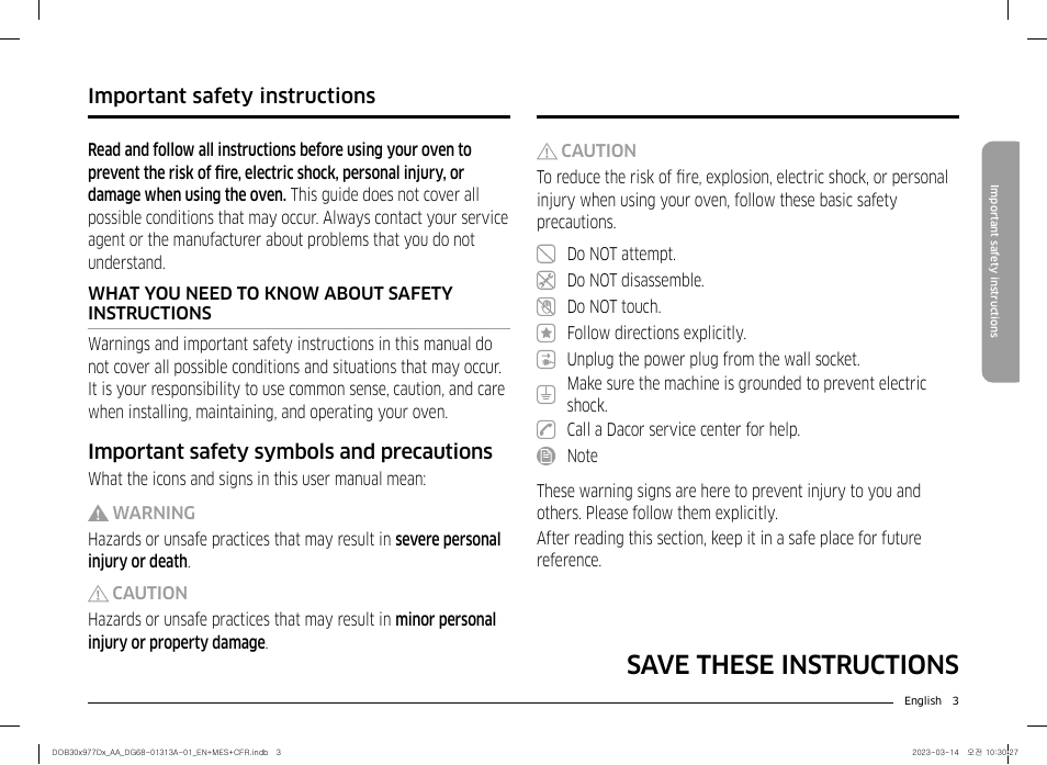 Important safety instructions, Save these instructions, Important safety symbols and precautions | Dacor Transitional 30 Inch Double Electric Smart Wall Oven User Manual User Manual | Page 3 / 188