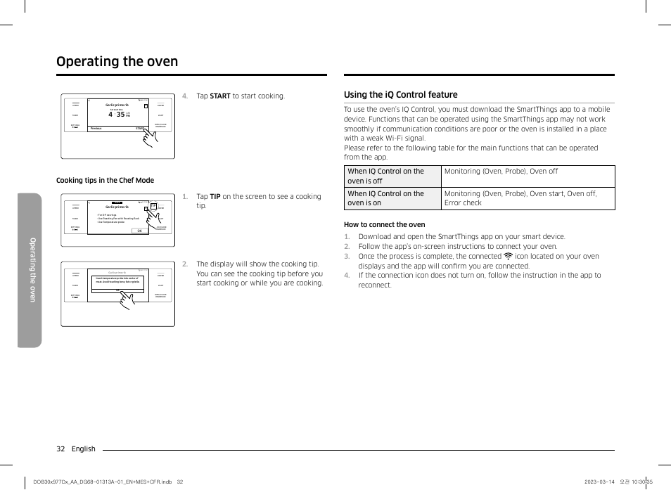Using the iq control feature, Operating the oven, 32 english oper ating the o v en | Tap tip on the screen to see a cooking tip | Dacor Transitional 30 Inch Double Electric Smart Wall Oven User Manual User Manual | Page 32 / 188