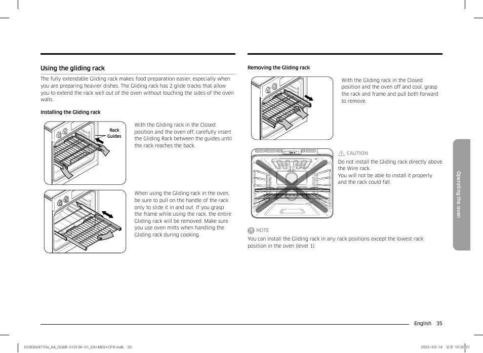 Using the gliding rack | Dacor Transitional 30 Inch Double Electric Smart Wall Oven User Manual User Manual | Page 35 / 188