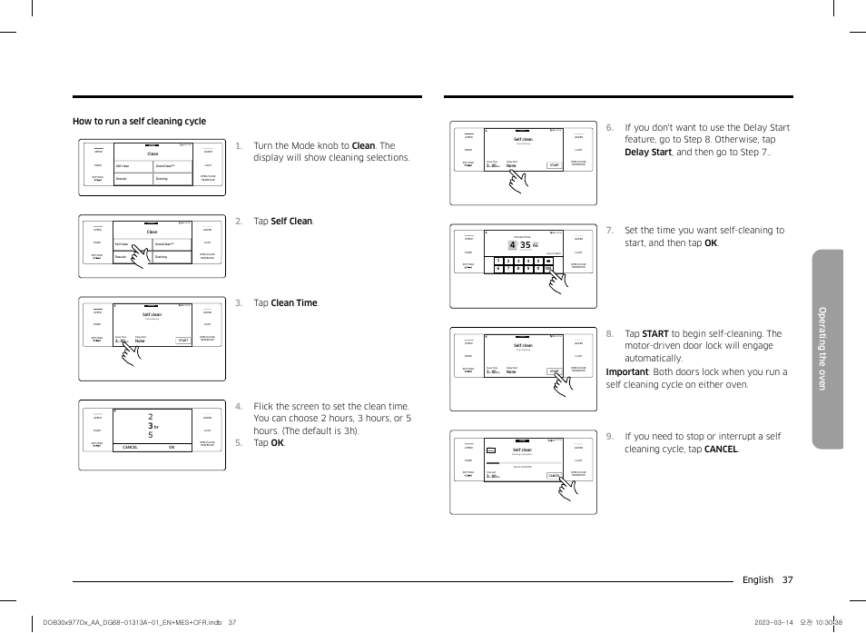 English 37 oper ating the o v en, Tap self clean, Tap clean time | Dacor Transitional 30 Inch Double Electric Smart Wall Oven User Manual User Manual | Page 37 / 188