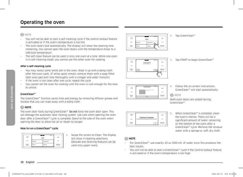 Operating the oven, 38 english oper ating the o v en, Tap greenclean | Tap start to begin greenclean | Dacor Transitional 30 Inch Double Electric Smart Wall Oven User Manual User Manual | Page 38 / 188