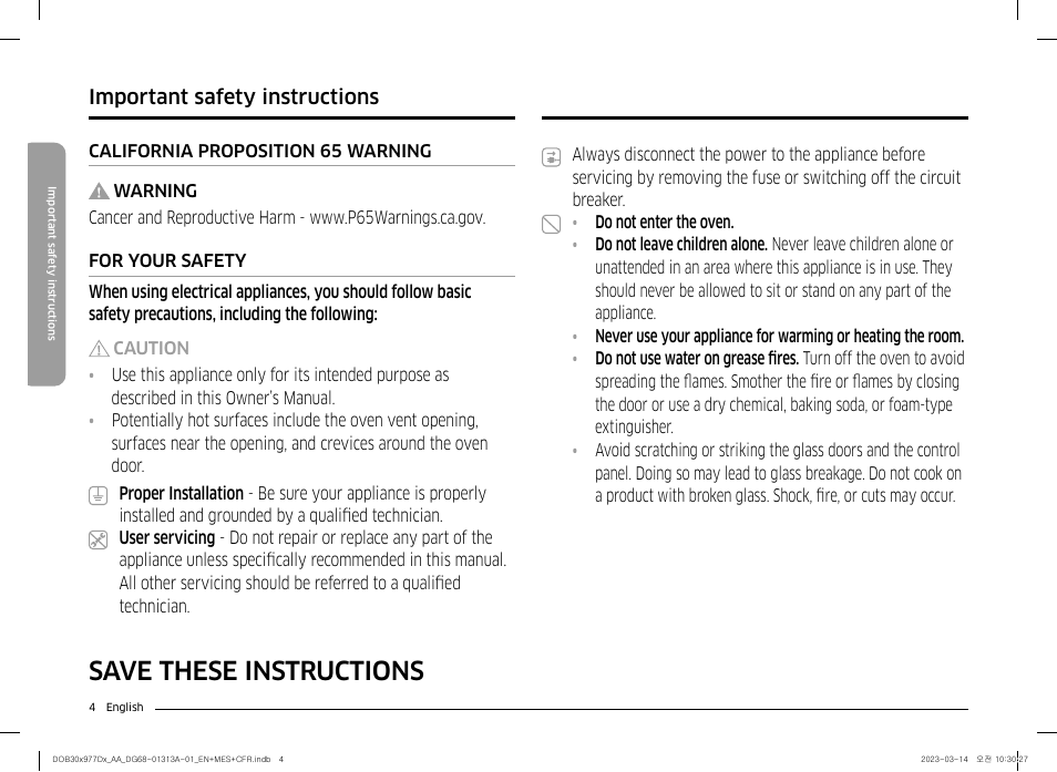 Save these instructions, Important safety instructions | Dacor Transitional 30 Inch Double Electric Smart Wall Oven User Manual User Manual | Page 4 / 188