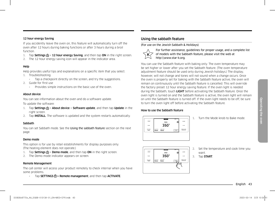 Using the sabbath feature | Dacor Transitional 30 Inch Double Electric Smart Wall Oven User Manual User Manual | Page 43 / 188