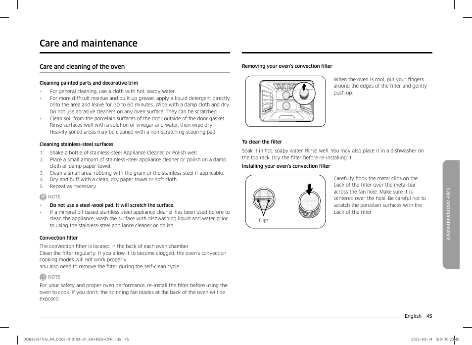 Care and maintenance, Care and cleaning of the oven | Dacor Transitional 30 Inch Double Electric Smart Wall Oven User Manual User Manual | Page 45 / 188