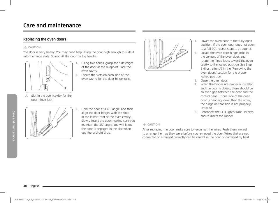Replacing the oven doors, Care and maintenance | Dacor Transitional 30 Inch Double Electric Smart Wall Oven User Manual User Manual | Page 48 / 188