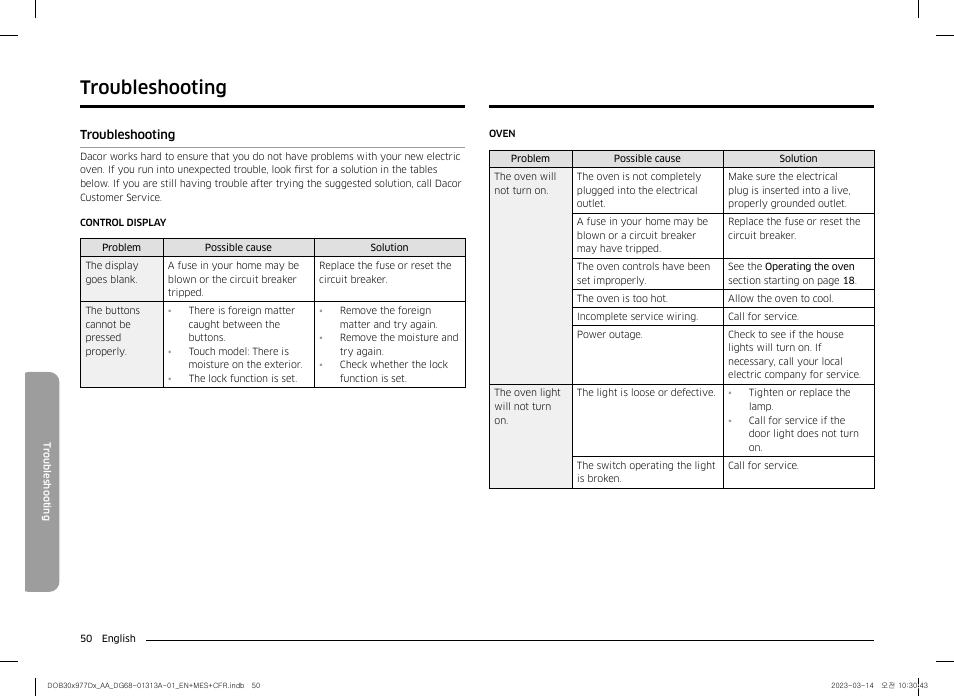 Troubleshooting, Troubleshooting 50 | Dacor Transitional 30 Inch Double Electric Smart Wall Oven User Manual User Manual | Page 50 / 188