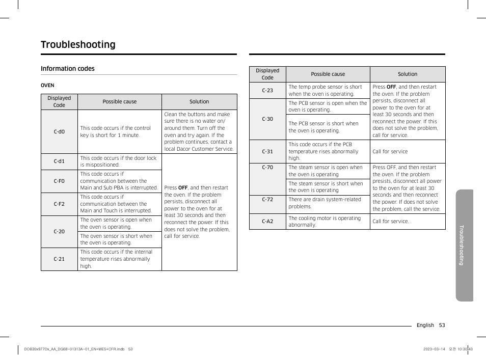 Information codes, Troubleshooting | Dacor Transitional 30 Inch Double Electric Smart Wall Oven User Manual User Manual | Page 53 / 188