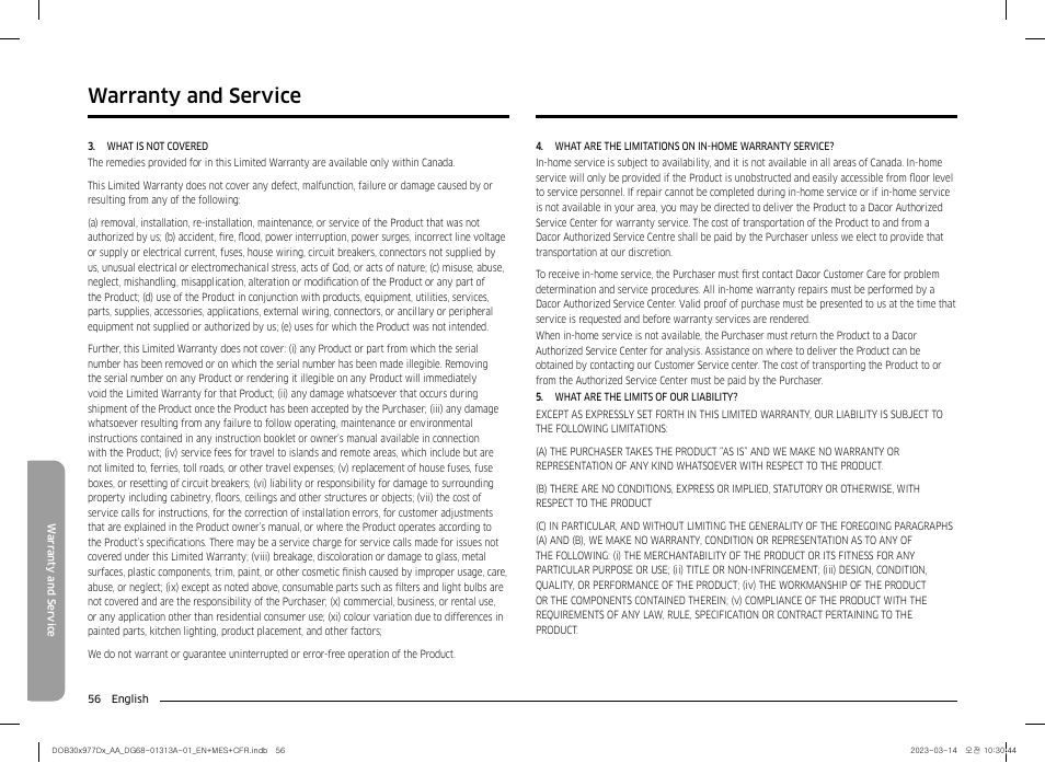 Warranty and service | Dacor Transitional 30 Inch Double Electric Smart Wall Oven User Manual User Manual | Page 56 / 188