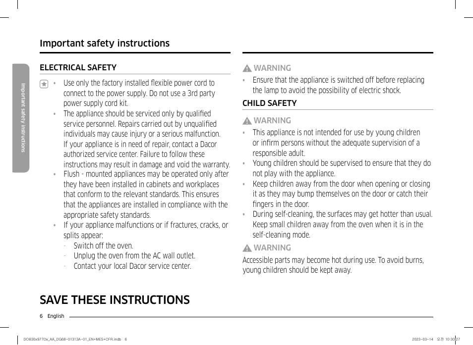 Save these instructions, Important safety instructions | Dacor Transitional 30 Inch Double Electric Smart Wall Oven User Manual User Manual | Page 6 / 188