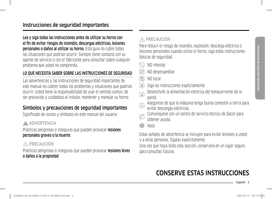 Instrucciones de seguridad importantes, Conserve estas instrucciones, Símbolos y precauciones de seguridad importantes | Dacor Transitional 30 Inch Double Electric Smart Wall Oven User Manual User Manual | Page 65 / 188
