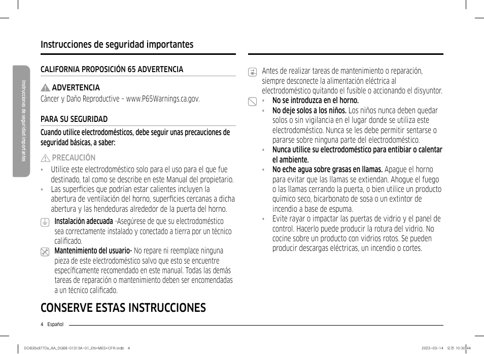 Conserve estas instrucciones, Instrucciones de seguridad importantes | Dacor Transitional 30 Inch Double Electric Smart Wall Oven User Manual User Manual | Page 66 / 188