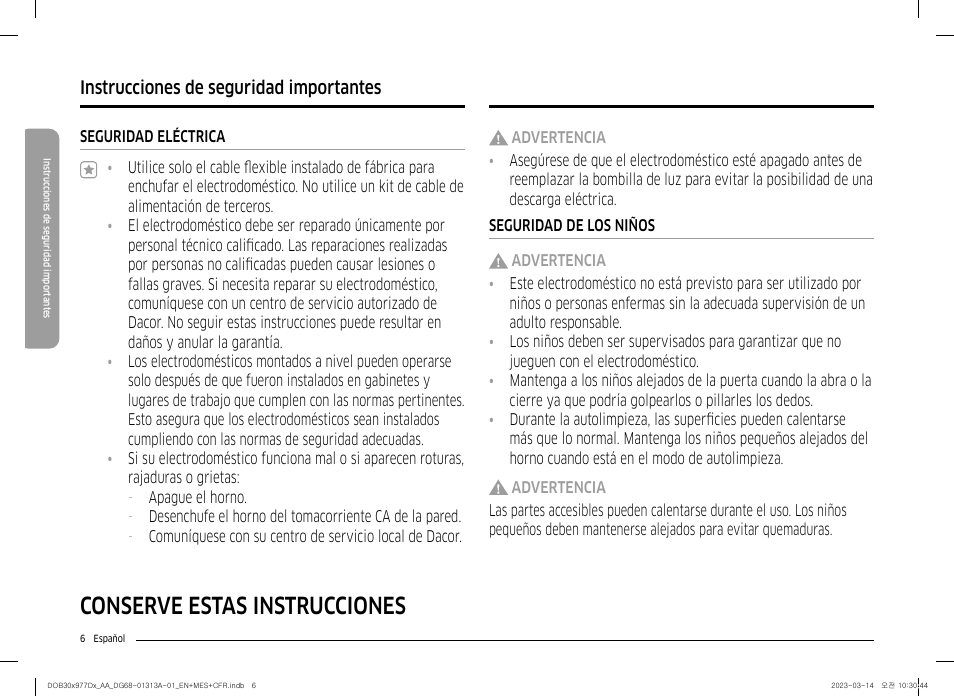 Conserve estas instrucciones, Instrucciones de seguridad importantes | Dacor Transitional 30 Inch Double Electric Smart Wall Oven User Manual User Manual | Page 68 / 188