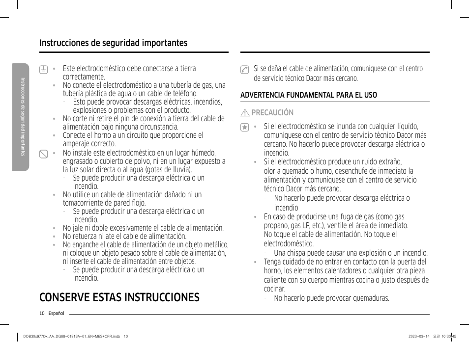 Conserve estas instrucciones, Instrucciones de seguridad importantes | Dacor Transitional 30 Inch Double Electric Smart Wall Oven User Manual User Manual | Page 72 / 188