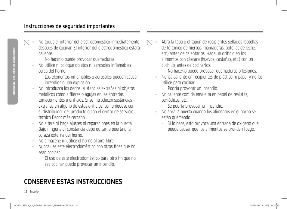Conserve estas instrucciones, Instrucciones de seguridad importantes | Dacor Transitional 30 Inch Double Electric Smart Wall Oven User Manual User Manual | Page 74 / 188
