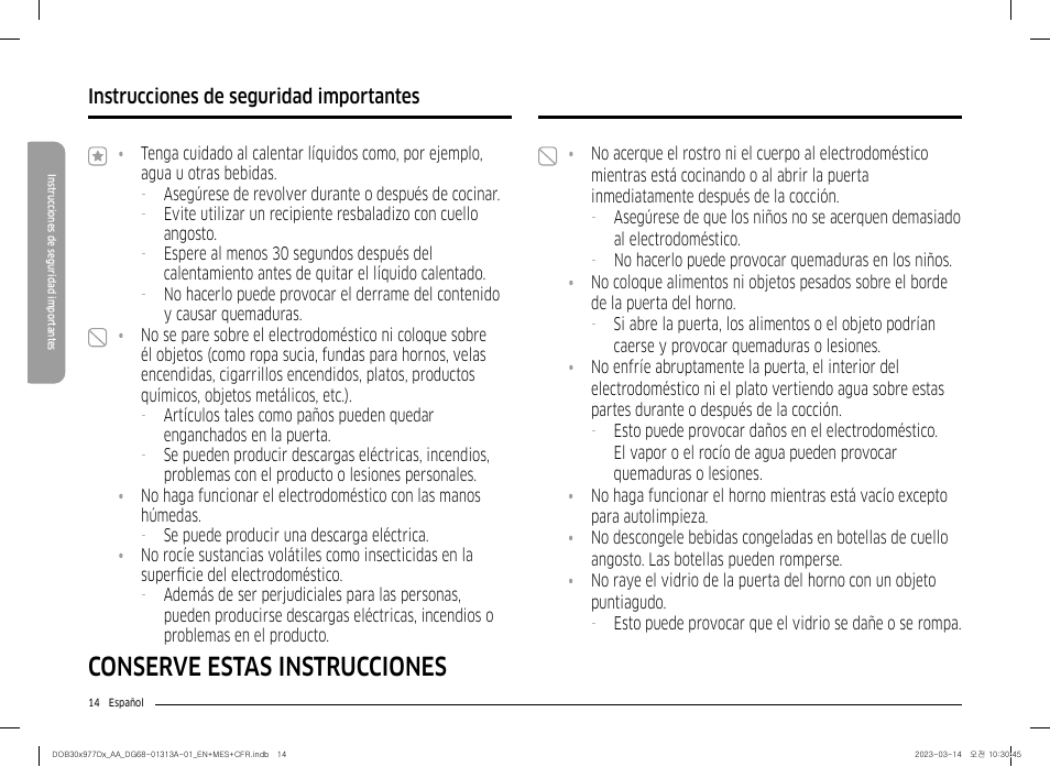 Conserve estas instrucciones, Instrucciones de seguridad importantes | Dacor Transitional 30 Inch Double Electric Smart Wall Oven User Manual User Manual | Page 76 / 188