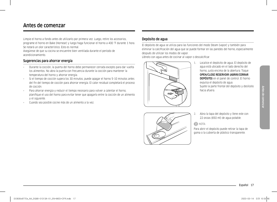 Antes de comenzar, Sugerencias para ahorrar energía, Depósito de agua | Dacor Transitional 30 Inch Double Electric Smart Wall Oven User Manual User Manual | Page 79 / 188
