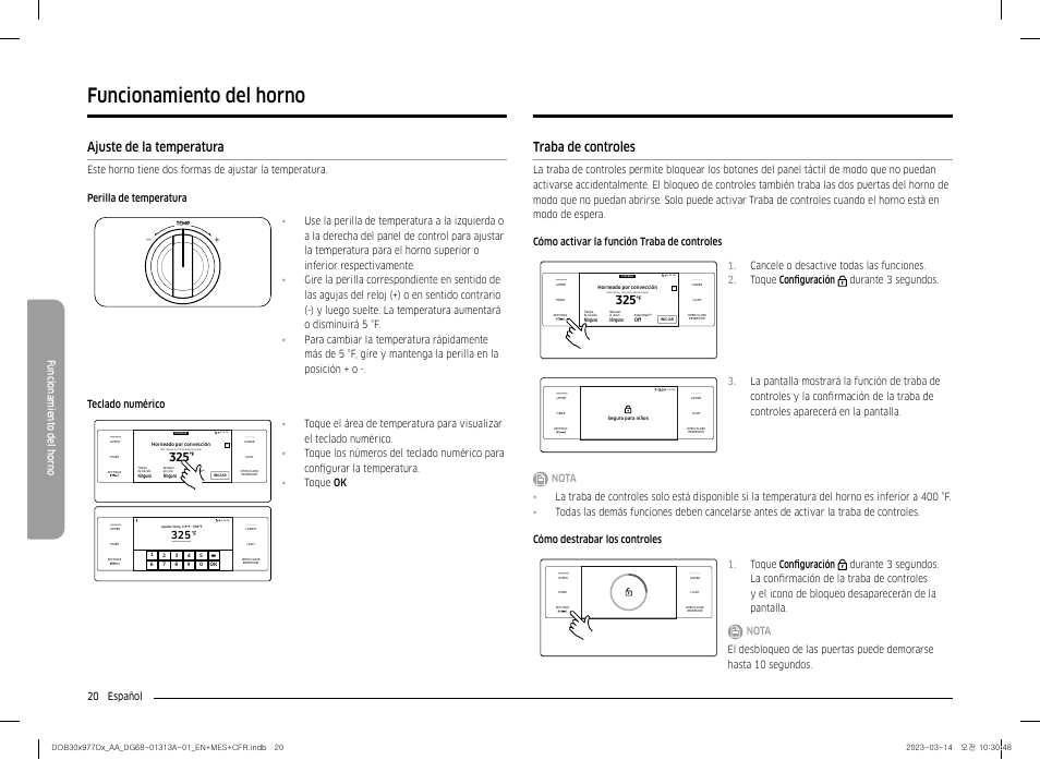 Ajuste de la temperatura, Traba de controles, Funcionamiento del horno | 20 español funcionamient o del horno | Dacor Transitional 30 Inch Double Electric Smart Wall Oven User Manual User Manual | Page 82 / 188