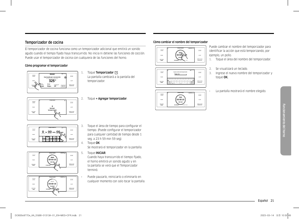 Temporizador de cocina, Español 21 funcionamient o del horno, Toque + agregar temporizador | La pantalla mostrará el nombre elegido | Dacor Transitional 30 Inch Double Electric Smart Wall Oven User Manual User Manual | Page 83 / 188