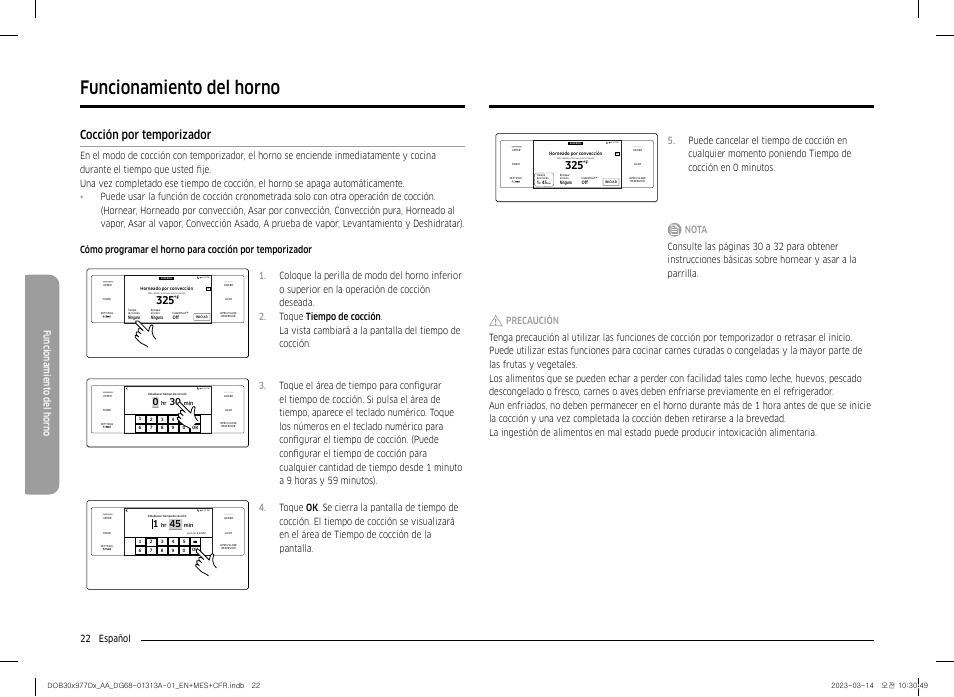 Cocción por temporizador, Funcionamiento del horno, 22 español funcionamient o del horno | Dacor Transitional 30 Inch Double Electric Smart Wall Oven User Manual User Manual | Page 84 / 188