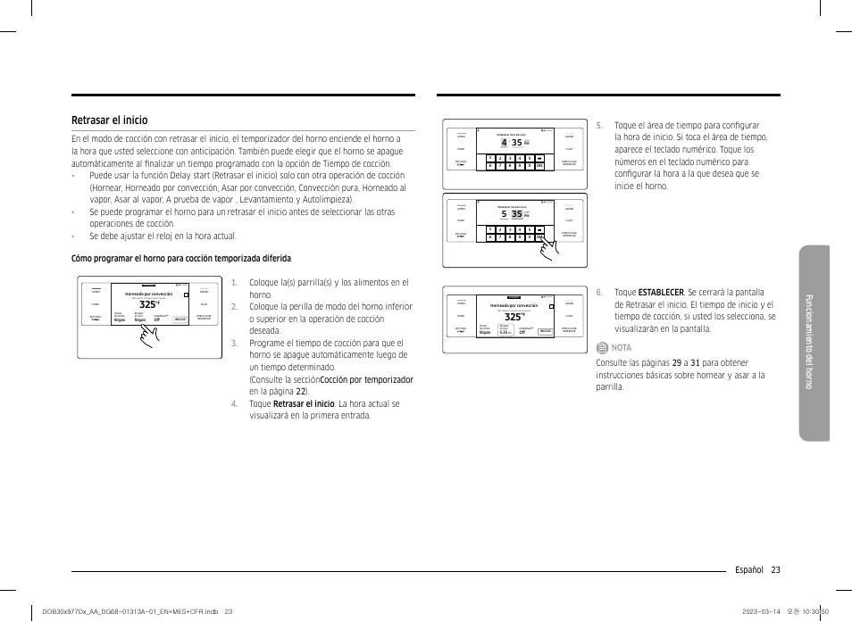 Retrasar el inicio, Español 23 funcionamient o del horno | Dacor Transitional 30 Inch Double Electric Smart Wall Oven User Manual User Manual | Page 85 / 188