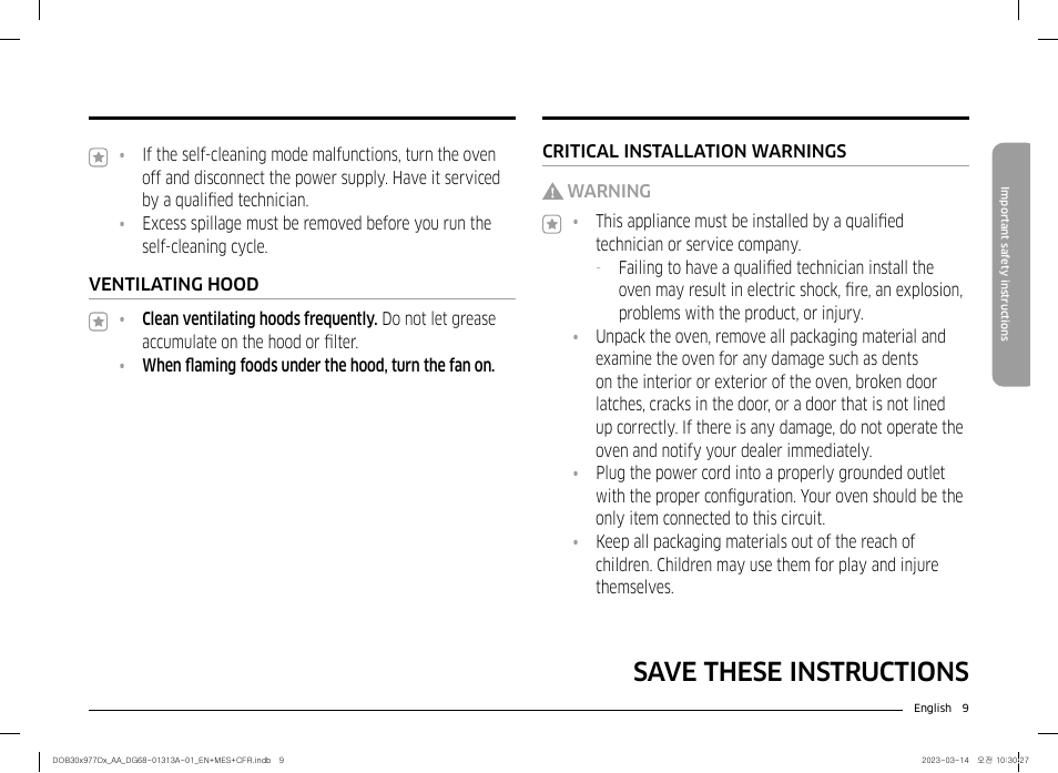 Save these instructions | Dacor Transitional 30 Inch Double Electric Smart Wall Oven User Manual User Manual | Page 9 / 188