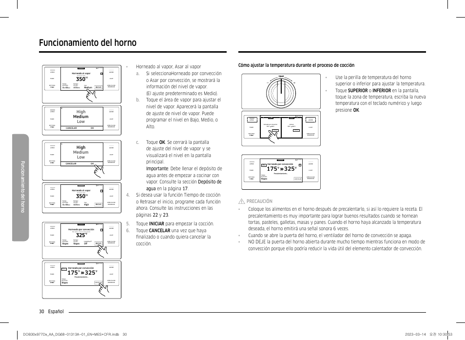 Funcionamiento del horno, 30 español funcionamient o del horno, Low high medium | Dacor Transitional 30 Inch Double Electric Smart Wall Oven User Manual User Manual | Page 92 / 188