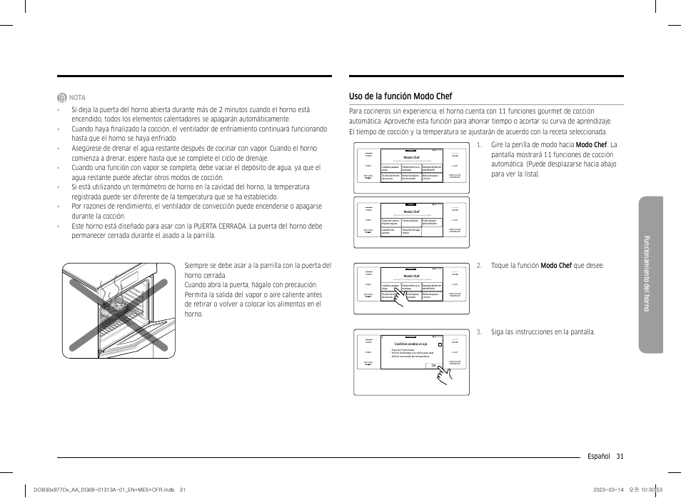 Uso de la función modo chef, Toque la función modo chef que desee, Siga las instrucciones en la pantalla | Dacor Transitional 30 Inch Double Electric Smart Wall Oven User Manual User Manual | Page 93 / 188