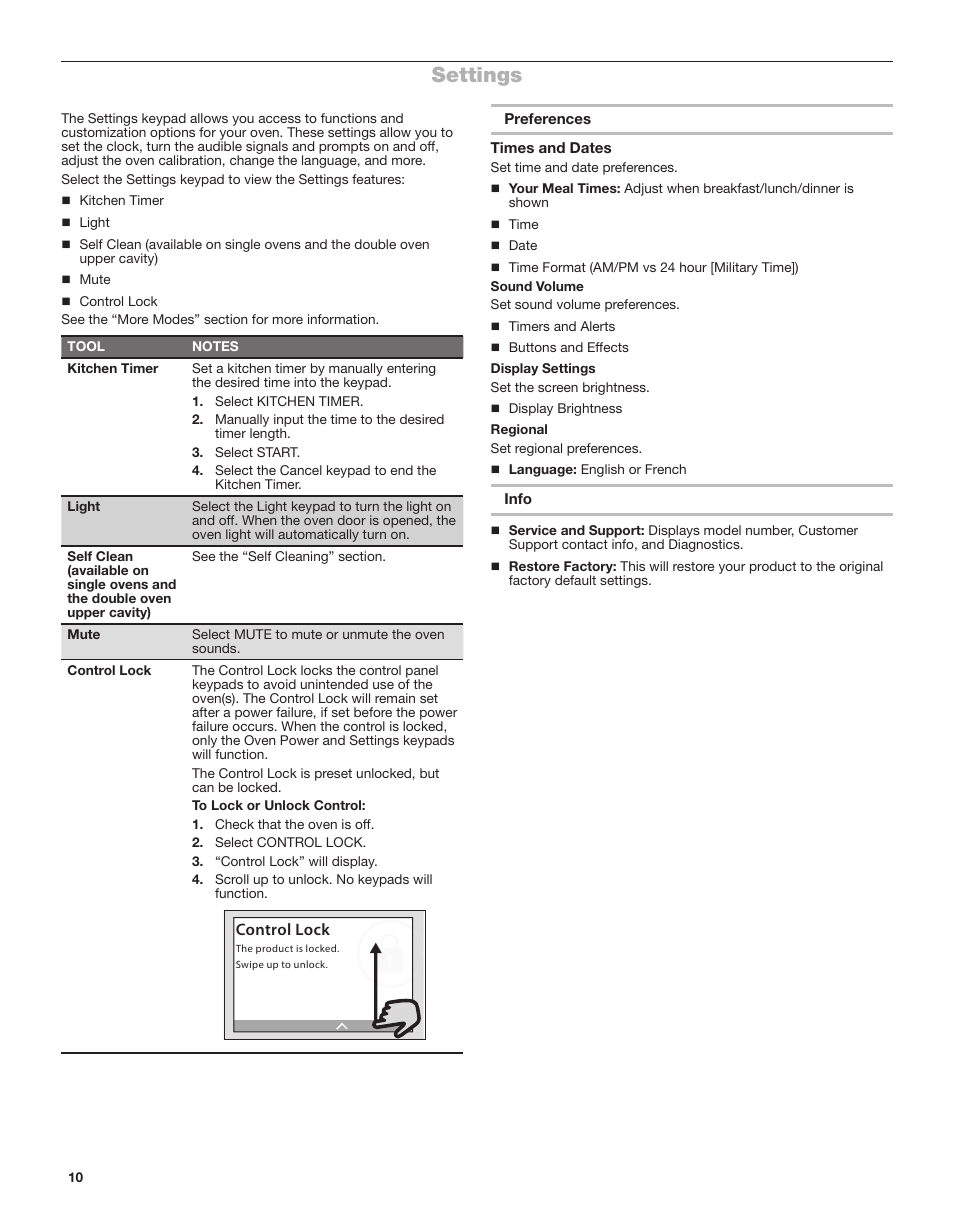 Settings | Whirlpool 24 Inch Single Electric Smart Wall Oven Owners Guide User Manual | Page 10 / 40