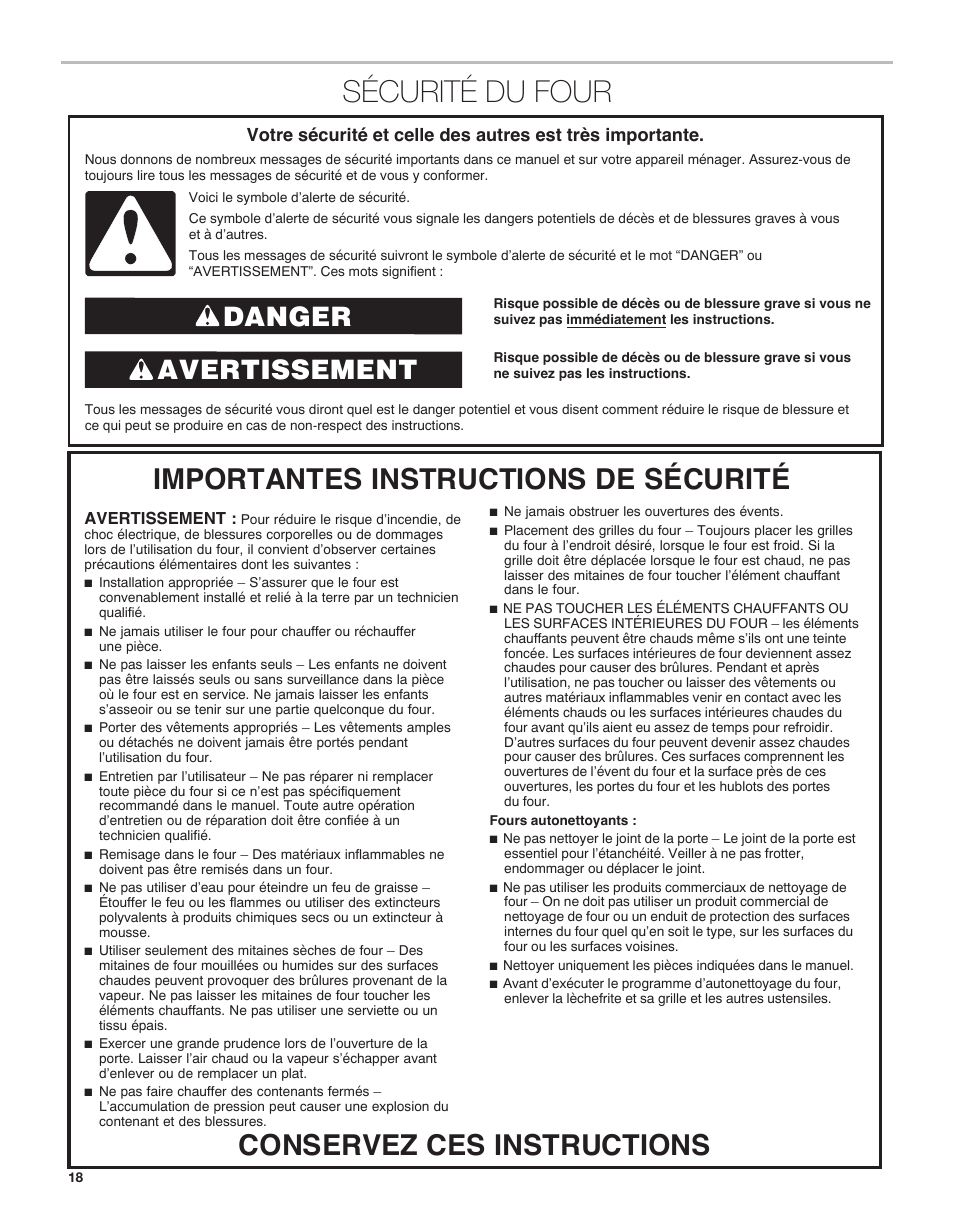 Sécurité du four, Avertissement danger | Whirlpool 24 Inch Single Electric Smart Wall Oven Owners Guide User Manual | Page 18 / 40