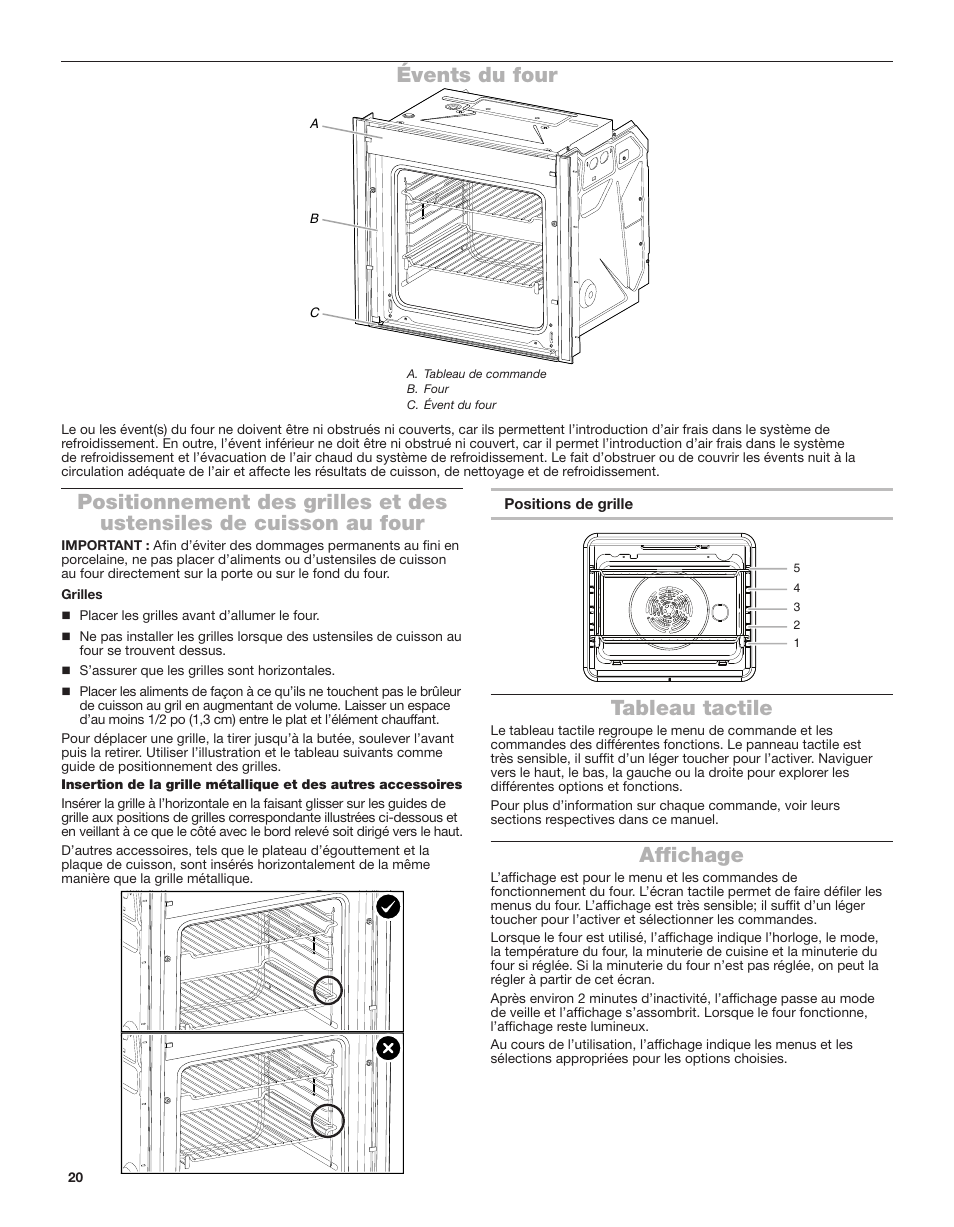 Tableau tactile, Affichage, Évents du four | Whirlpool 24 Inch Single Electric Smart Wall Oven Owners Guide User Manual | Page 20 / 40