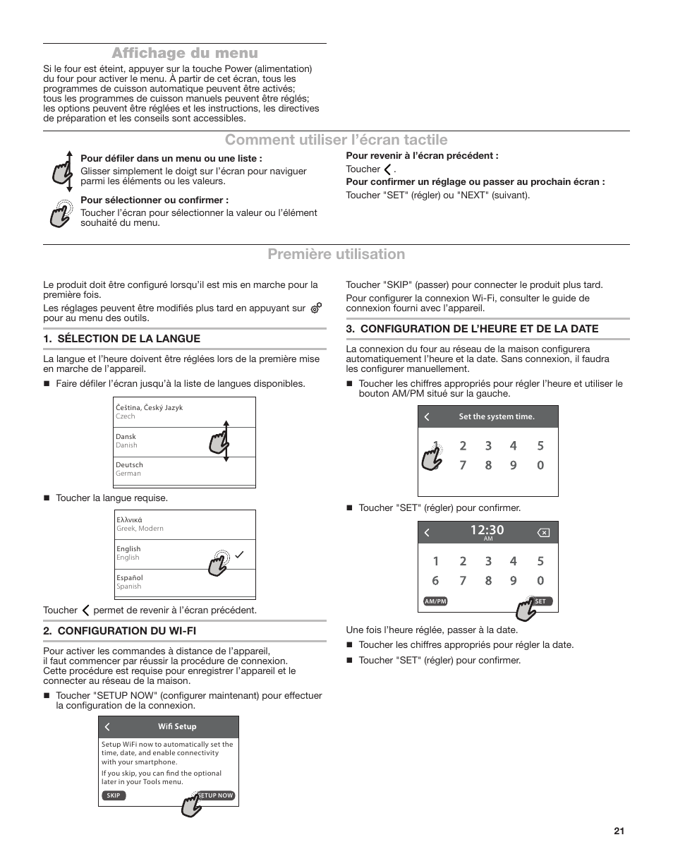 Affichage du menu, Comment utiliser l’écran tactile, Première utilisation | Whirlpool 24 Inch Single Electric Smart Wall Oven Owners Guide User Manual | Page 21 / 40