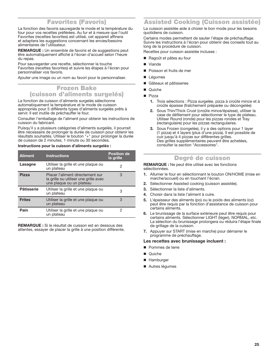 Favorites (favoris), Frozen bake (cuisson d’aliments surgelés), Assisted cooking (cuisson assistée) | Degré de cuisson | Whirlpool 24 Inch Single Electric Smart Wall Oven Owners Guide User Manual | Page 25 / 40