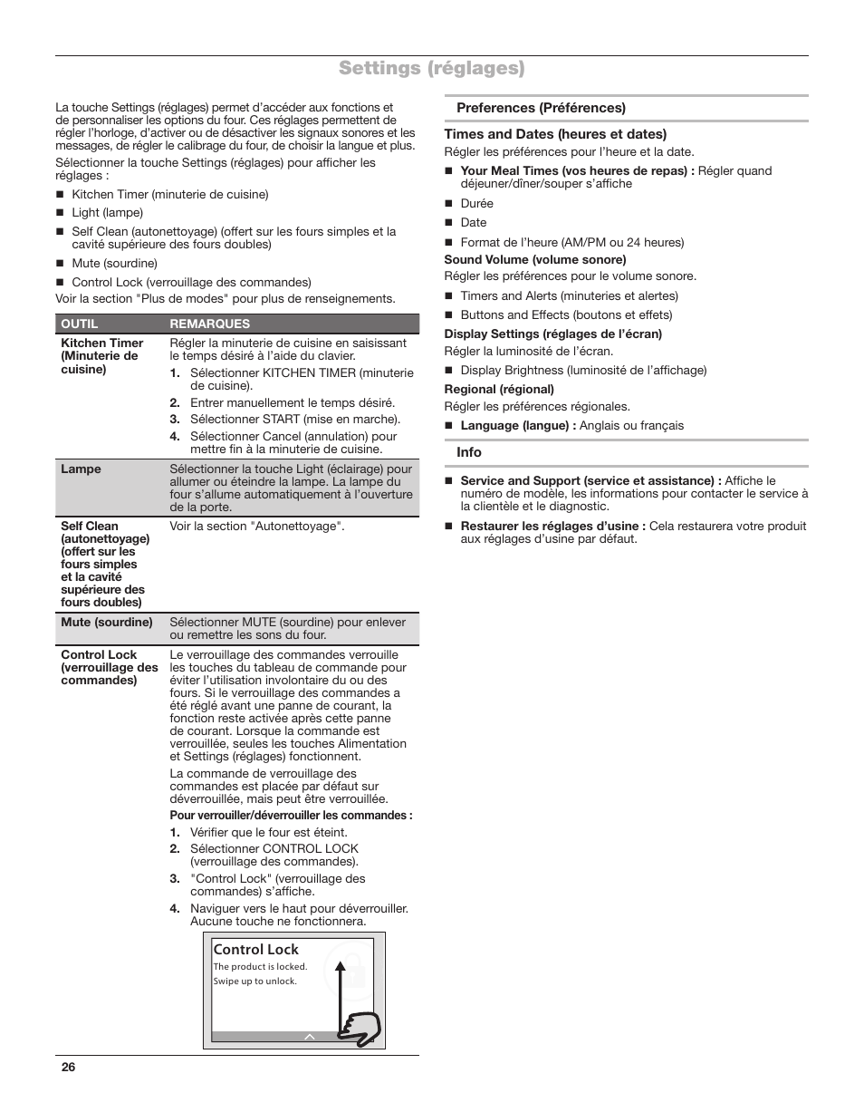 Settings (réglages) | Whirlpool 24 Inch Single Electric Smart Wall Oven Owners Guide User Manual | Page 26 / 40