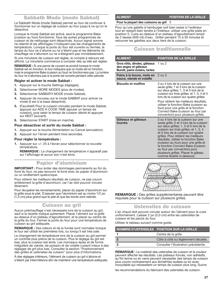 Sabbath mode (mode sabbat), Papier d’aluminium, Cuisson au gril | Cuisson traditionnelle, Ustensiles de cuisson | Whirlpool 24 Inch Single Electric Smart Wall Oven Owners Guide User Manual | Page 27 / 40