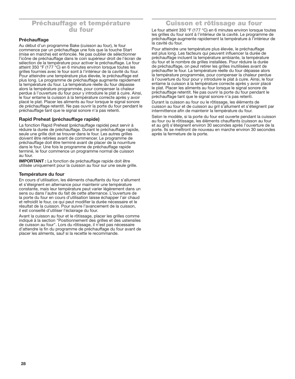 Préchauffage et température du four, Cuisson et rôtissage au four | Whirlpool 24 Inch Single Electric Smart Wall Oven Owners Guide User Manual | Page 28 / 40