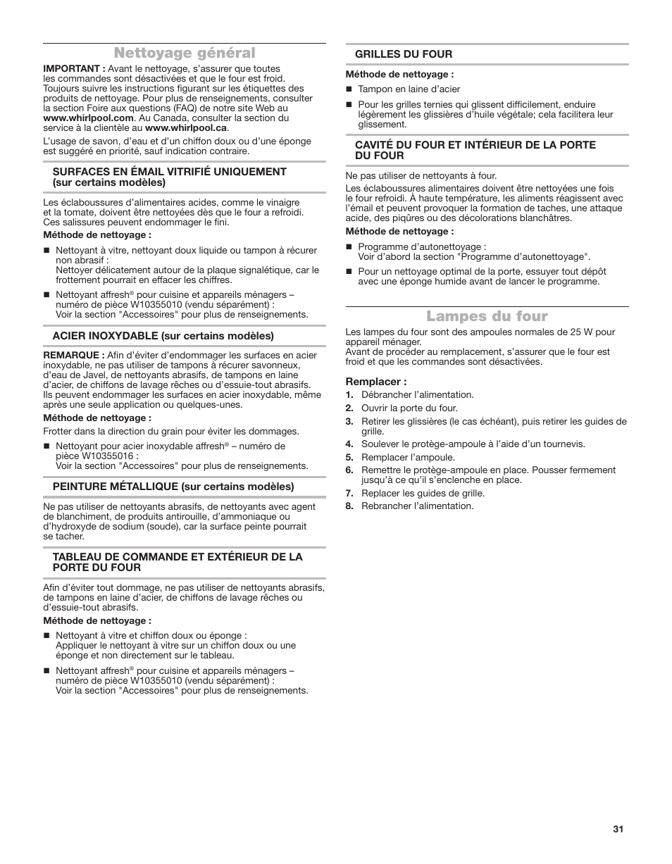 Nettoyage général, Lampes du four, Nettoyage général lampes du four | Whirlpool 24 Inch Single Electric Smart Wall Oven Owners Guide User Manual | Page 31 / 40