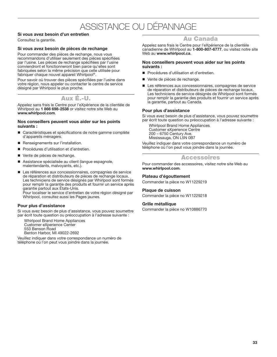 Assistance ou dépannage, Aux é.-u, Au canada | Accessoires | Whirlpool 24 Inch Single Electric Smart Wall Oven Owners Guide User Manual | Page 33 / 40