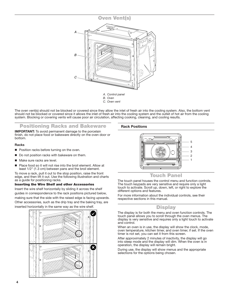 Positioning racks and bakeware, Touch panel, Display | Oven vent(s) | Whirlpool 24 Inch Single Electric Smart Wall Oven Owners Guide User Manual | Page 4 / 40