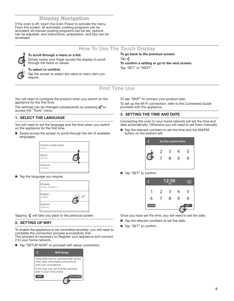 How to use the touch display, First time use, Display navigation | Whirlpool 24 Inch Single Electric Smart Wall Oven Owners Guide User Manual | Page 5 / 40