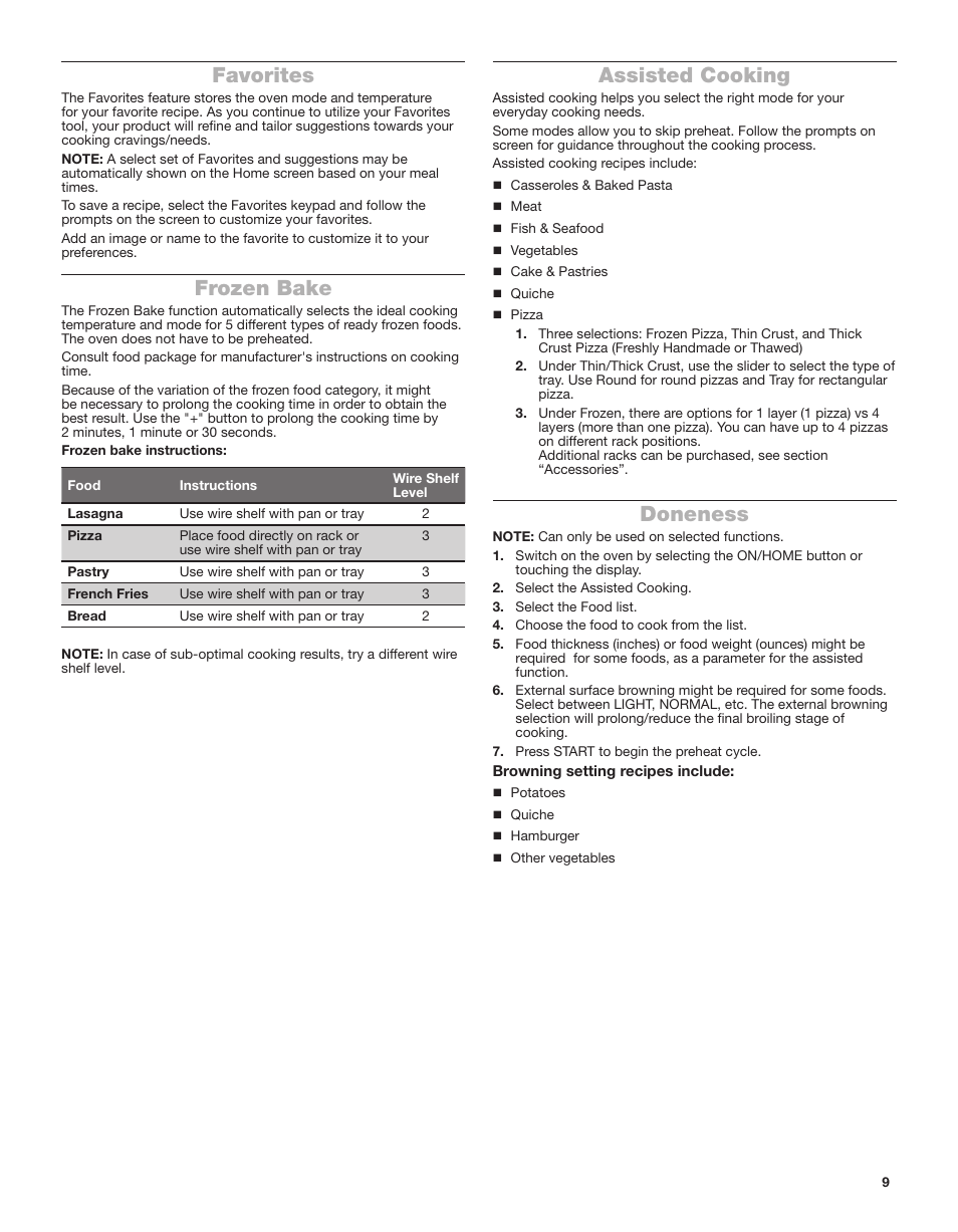 Favorites frozen bake assisted cooking doneness, Favorites, Frozen bake | Assisted cooking, Doneness | Whirlpool 24 Inch Single Electric Smart Wall Oven Owners Guide User Manual | Page 9 / 40