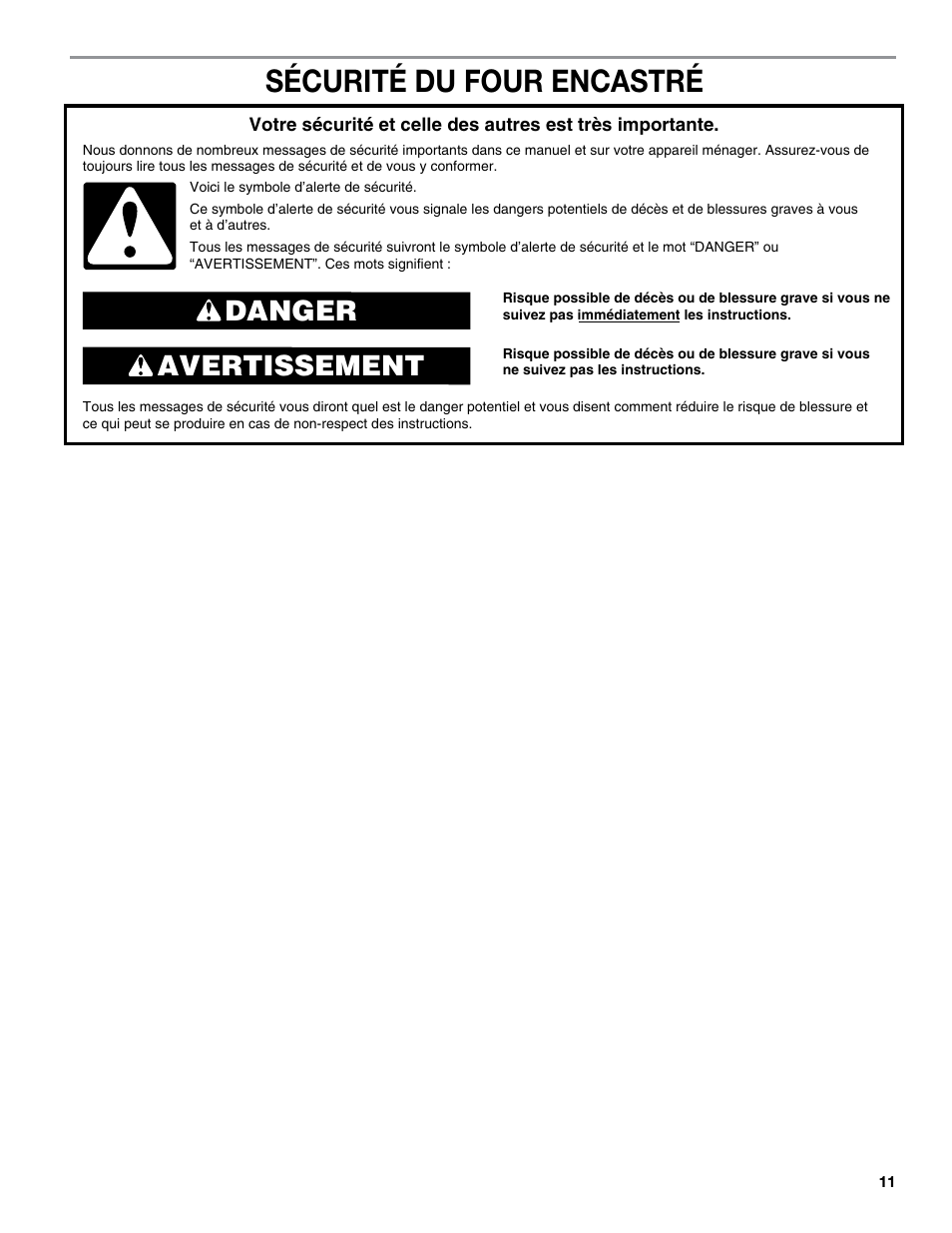 Sécurité du four encastré, Avertissement danger | JennAir Euro-Style Series 30 Inch Double Combination Smart Electric Wall Oven Flush Installation Instructions User Manual | Page 11 / 20
