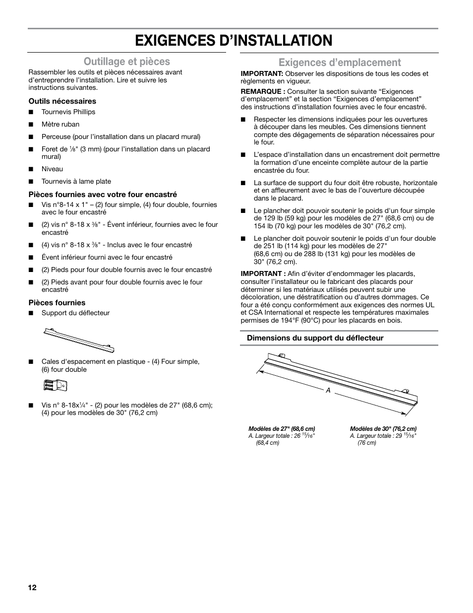 Exigences d’installation, Outillage et pièces, Exigences d’emplacement | JennAir Euro-Style Series 30 Inch Double Combination Smart Electric Wall Oven Flush Installation Instructions User Manual | Page 12 / 20