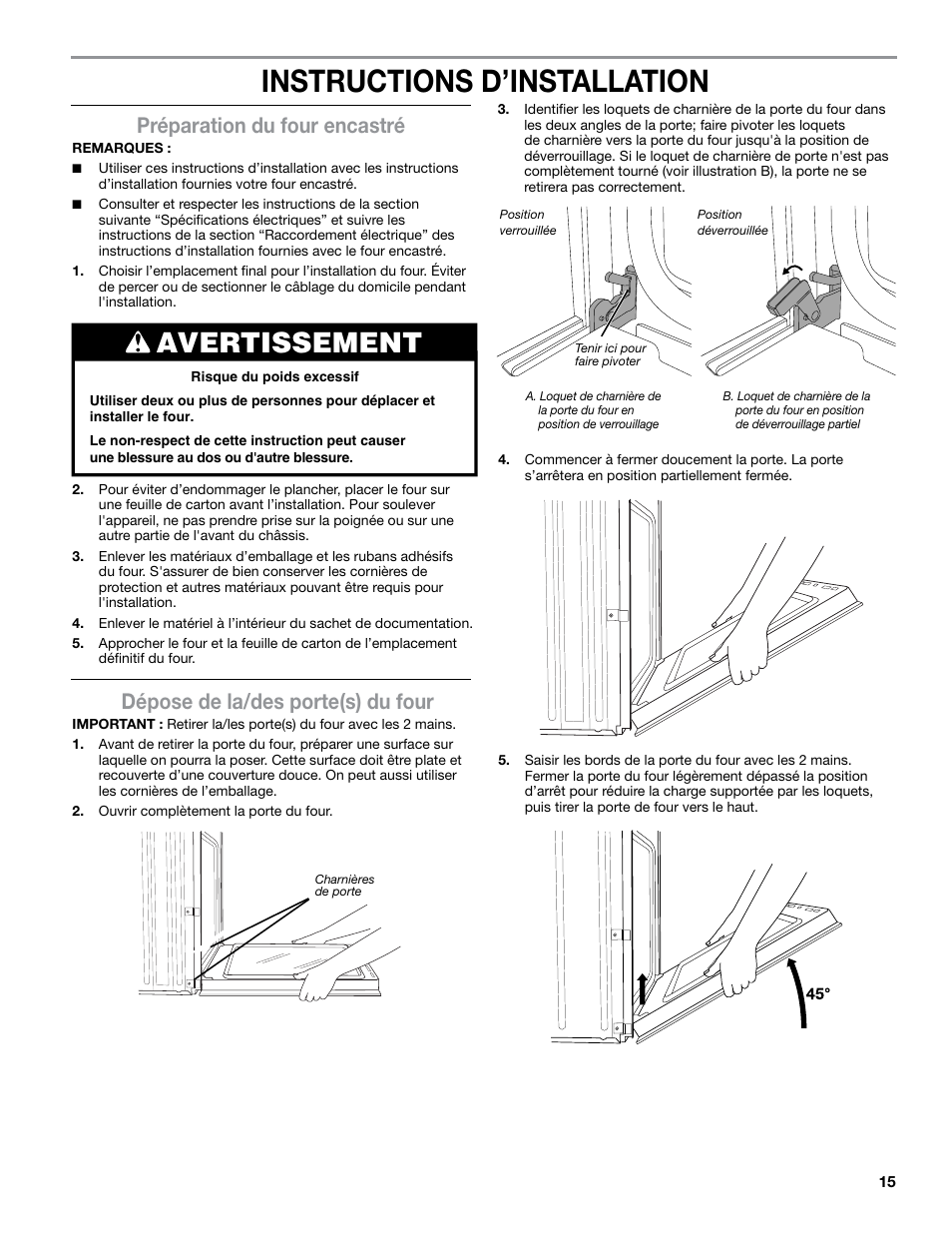 Instructions d’installation, Avertissement, Préparation du four encastré | Dépose de la/des porte(s) du four | JennAir Euro-Style Series 30 Inch Double Combination Smart Electric Wall Oven Flush Installation Instructions User Manual | Page 15 / 20