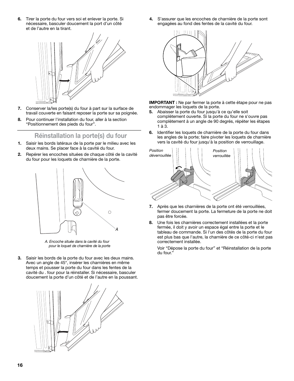 Réinstallation la porte(s) du four | JennAir Euro-Style Series 30 Inch Double Combination Smart Electric Wall Oven Flush Installation Instructions User Manual | Page 16 / 20