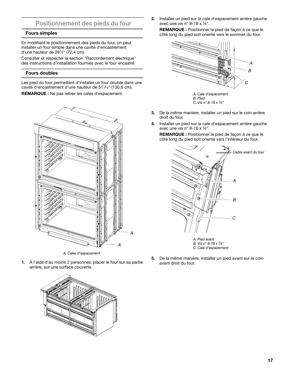 Positionnement des pieds du four | JennAir Euro-Style Series 30 Inch Double Combination Smart Electric Wall Oven Flush Installation Instructions User Manual | Page 17 / 20