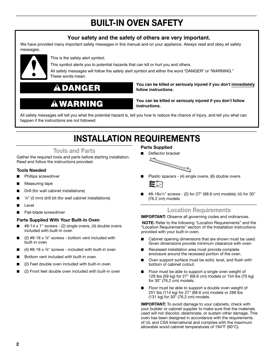 Built-in oven safety, Installation requirements, Danger warning | Tools and parts, Location requirements | JennAir Euro-Style Series 30 Inch Double Combination Smart Electric Wall Oven Flush Installation Instructions User Manual | Page 2 / 20