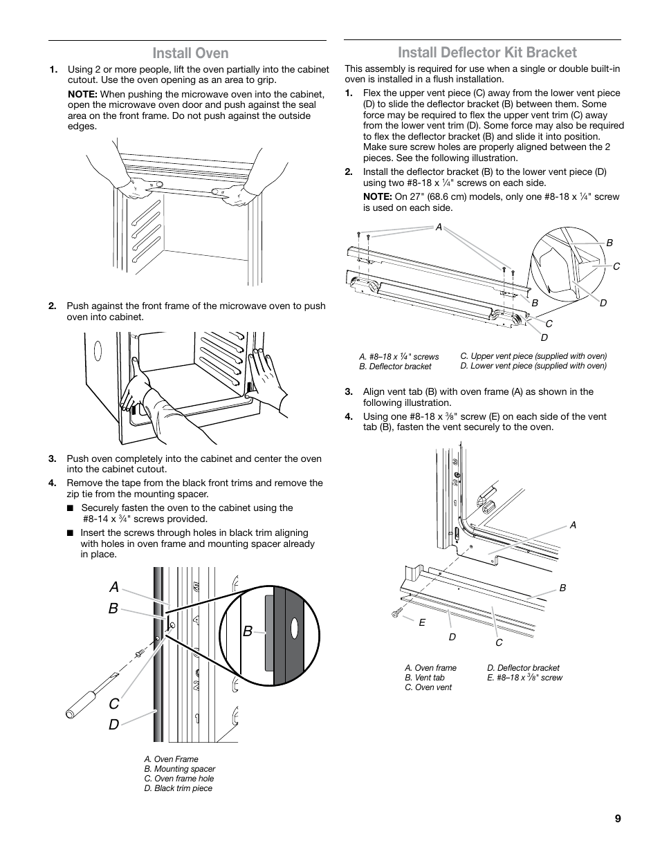 Install oven, Install deflector kit bracket, Ac d b b | JennAir Euro-Style Series 30 Inch Double Combination Smart Electric Wall Oven Flush Installation Instructions User Manual | Page 9 / 20