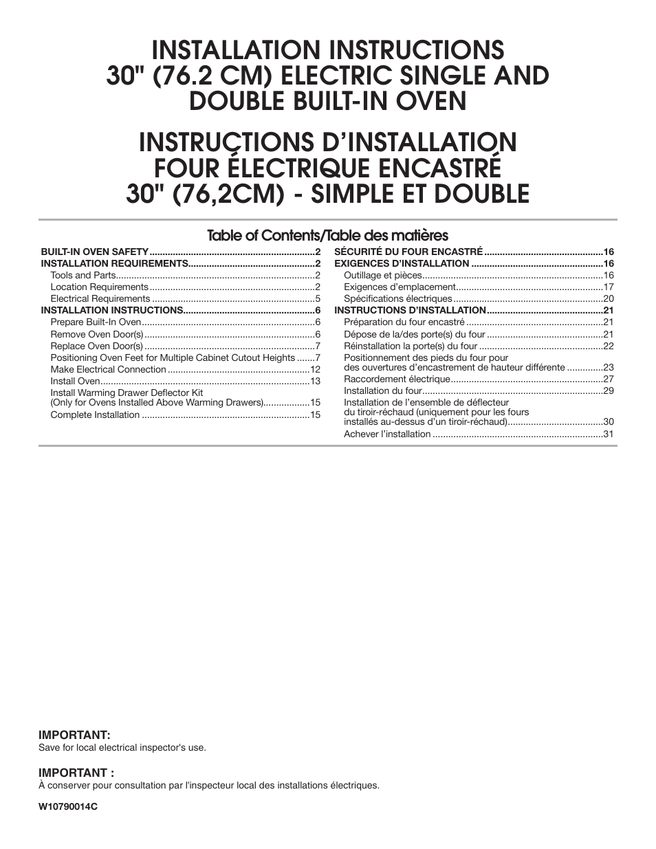 JennAir Euro-Style Series 30 Inch Double Combination Smart Electric Wall Oven Installation Instructions User Manual | 32 pages